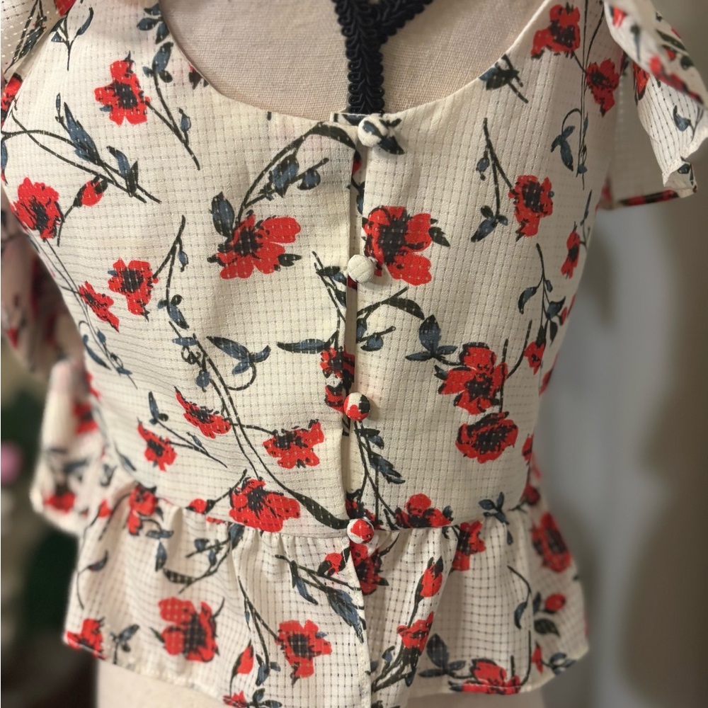 Tularosa Floral Ruffle Blouse in Cream and Red - Picture 6 of 9